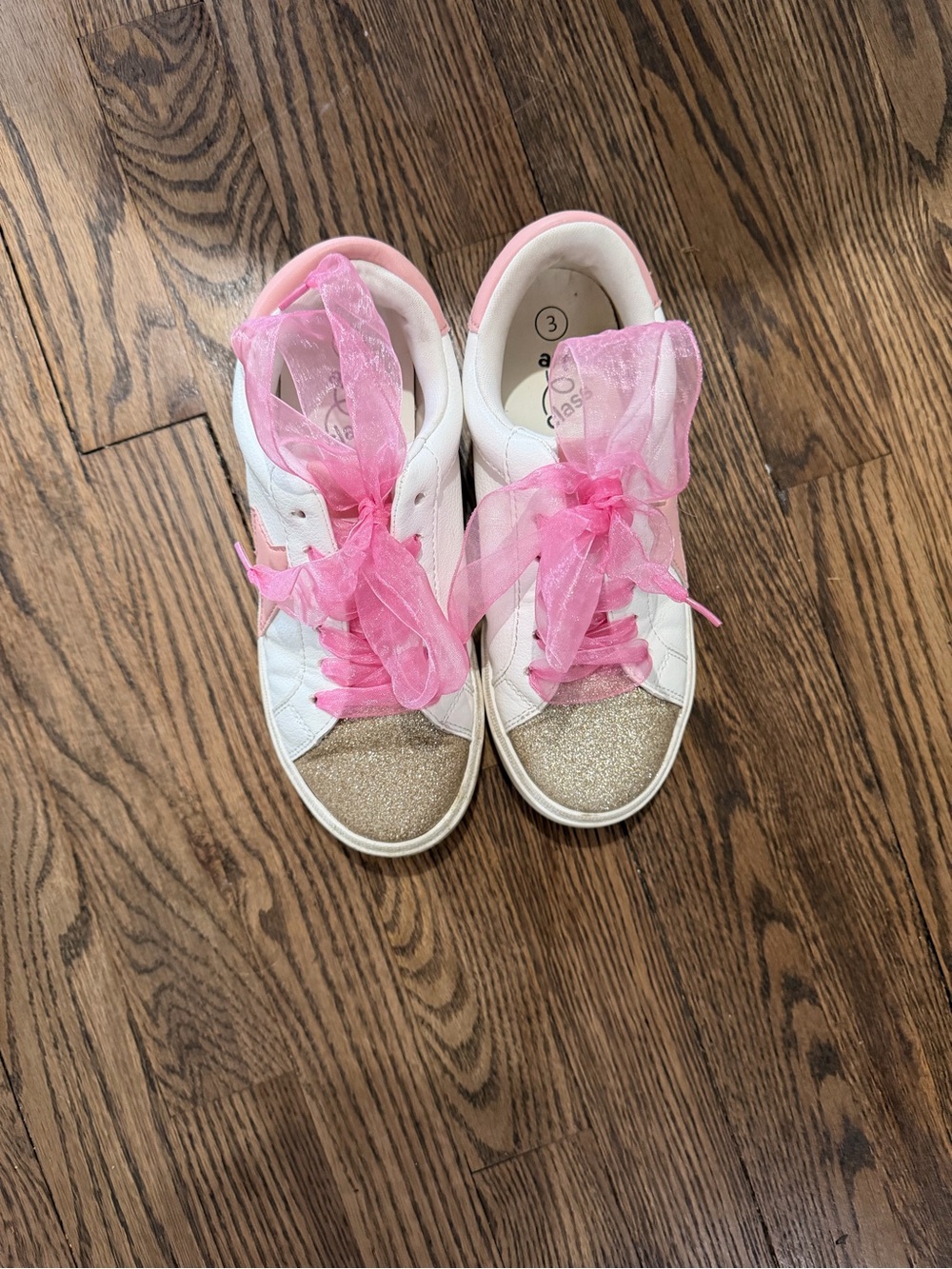 art class White Sneakers with Pink Ribbon Laces and Gold Glitter Toes